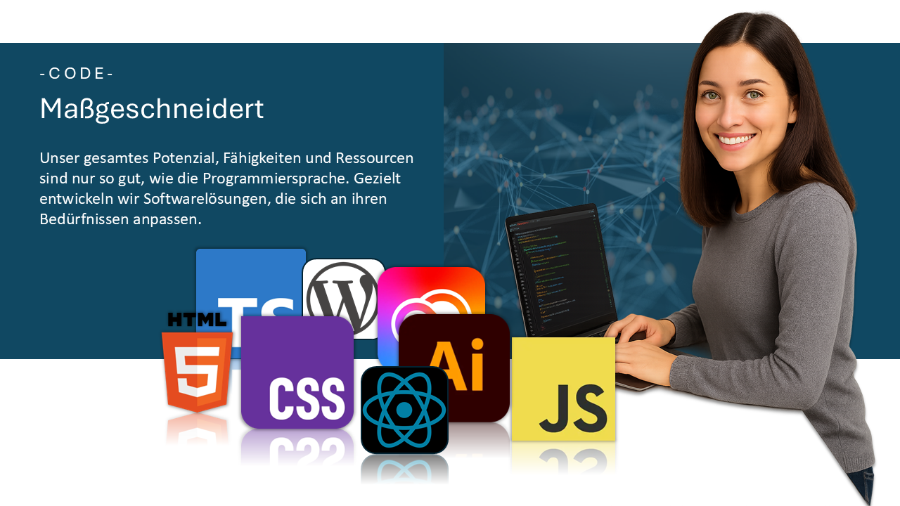Frau sitzt an einem Weißen Schreibtisch. Auf dem Tisch liegen verschiedene Kacheln von Programmiersprachen.
